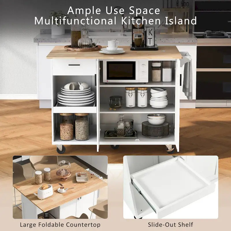 Rolling Kitchen Island with Foldable Countertop – White / Blue, Drawer & Cabinets, 1–4 Person Use