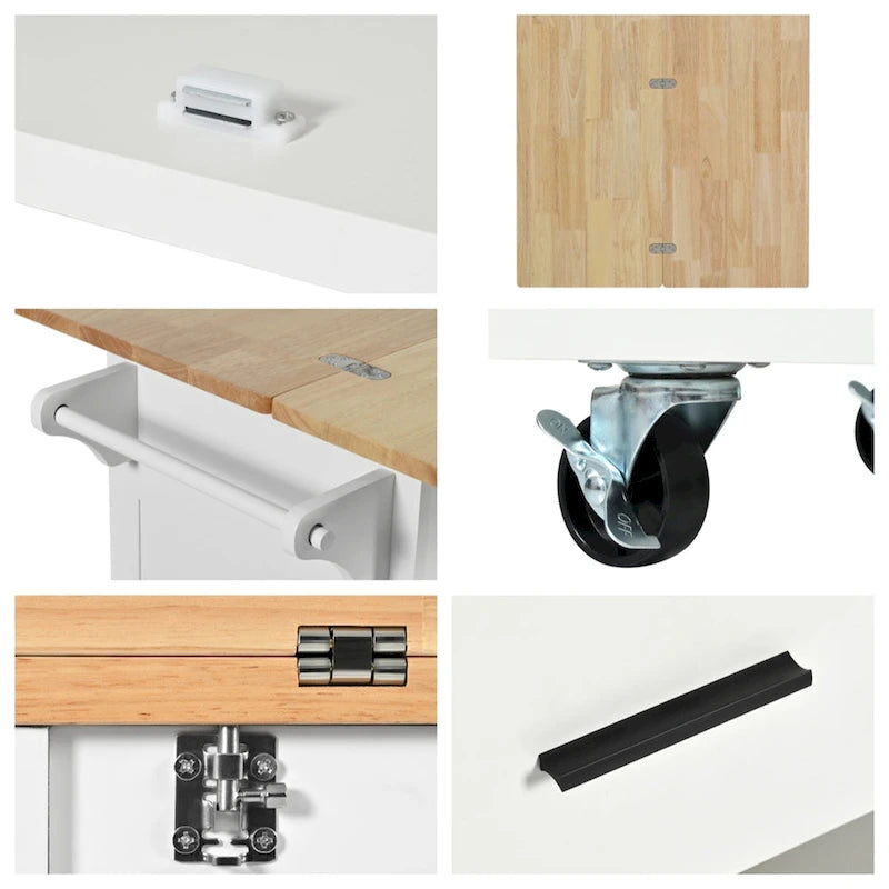Rolling Kitchen Island with Foldable Countertop – White / Blue, Drawer & Cabinets, 1–4 Person Use
