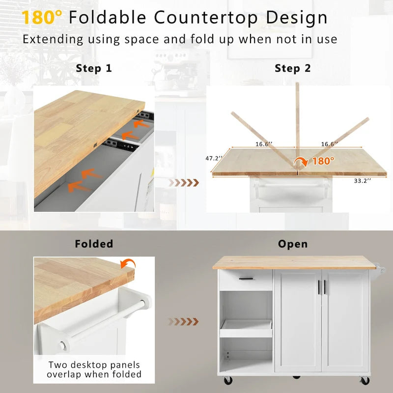 Rolling Kitchen Island with Foldable Countertop – White / Blue, Drawer & Cabinets, 1–4 Person Use