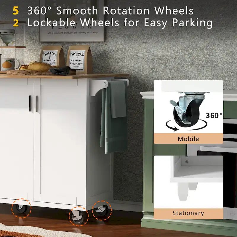 Rolling Kitchen Island with Foldable Countertop – White / Blue, Drawer & Cabinets, 1–4 Person Use