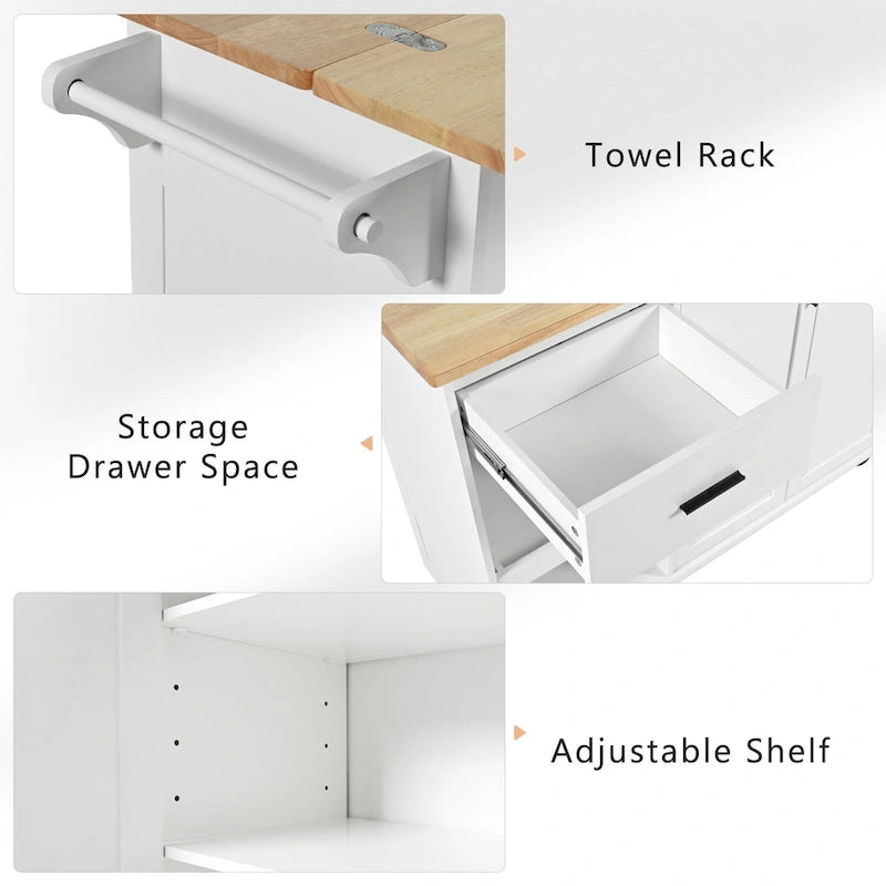 Rolling Kitchen Island with Foldable Countertop – White / Blue, Drawer & Cabinets, 1–4 Person Use