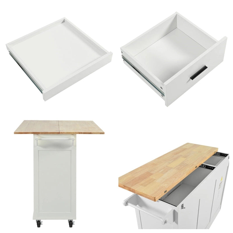 Rolling Kitchen Island with Foldable Countertop – White / Blue, Drawer & Cabinets, 1–4 Person Use