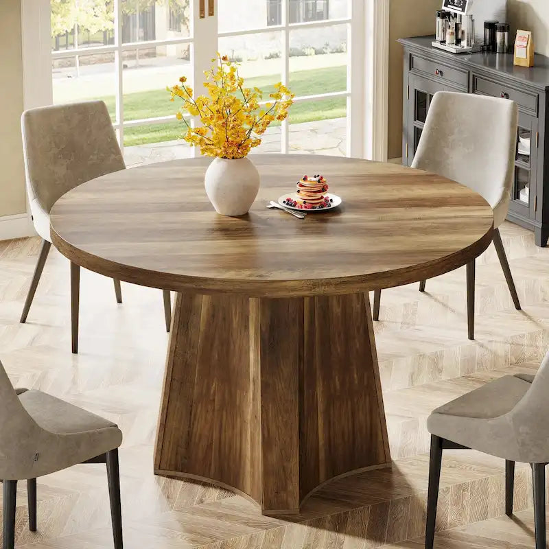 47" Round Farmhouse Dining Table – Brown, Engineered Wood, Seats 4–6, Single-Person Assembly