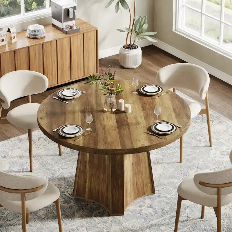 47" Round Farmhouse Dining Table – Brown, Engineered Wood, Seats 4–6, Single-Person Assembly