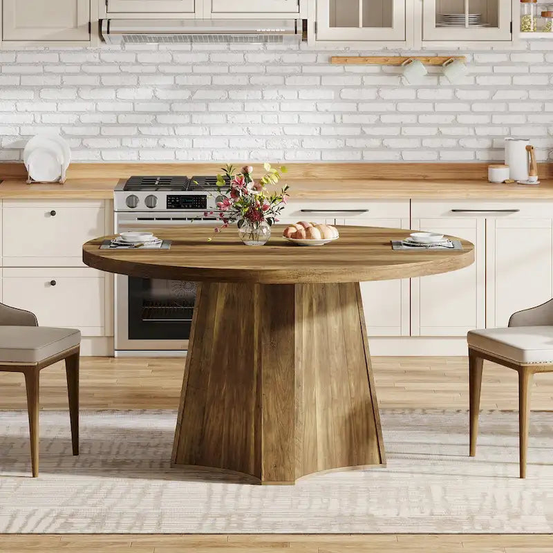 47" Round Farmhouse Dining Table – Brown, Engineered Wood, Seats 4–6, Single-Person Assembly