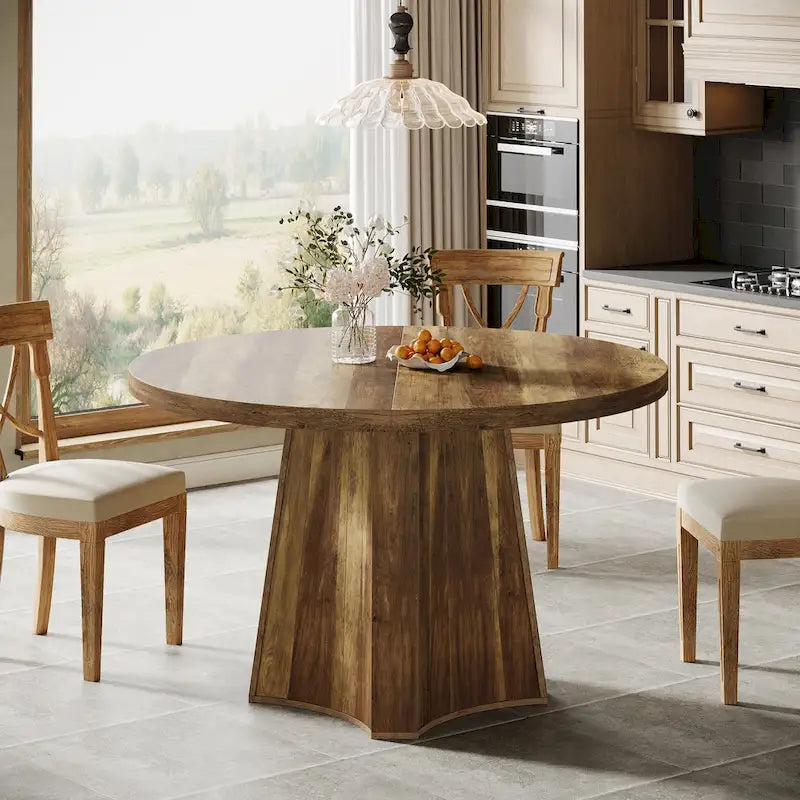 47" Round Farmhouse Dining Table – Brown, Engineered Wood, Seats 4–6, Single-Person Assembly