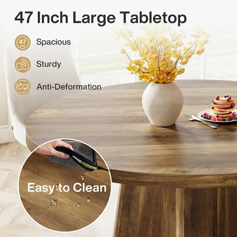 47" Round Farmhouse Dining Table – Brown, Engineered Wood, Seats 4–6, Single-Person Assembly