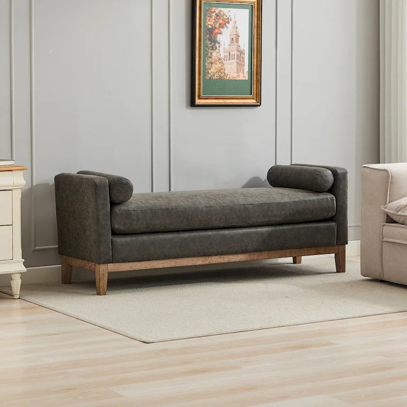 66.34 W Elegant Upholstered Bench, Daybed, Ottoman with Wood Legs & 2 Bolster Pillows for End of Bed, Bedroom, Living Room