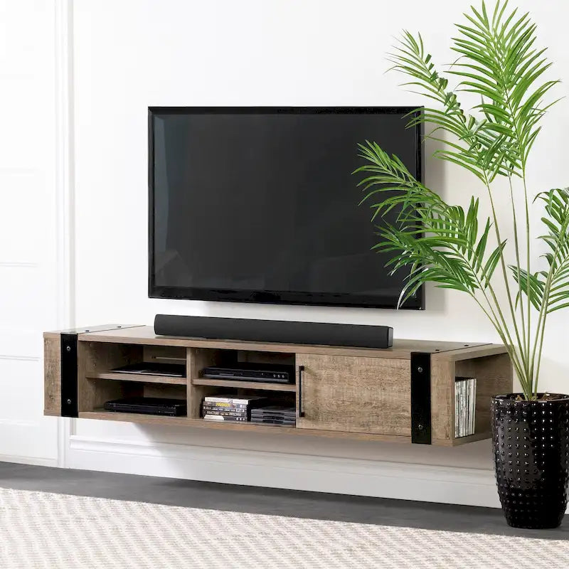 68" Wall Mounted Media Console – Weathered Oak / Seaside Pine, Industrial Style, 2-Person Assembly