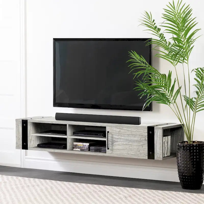 68" Wall Mounted Media Console – Weathered Oak / Seaside Pine, Industrial Style, 2-Person Assembly