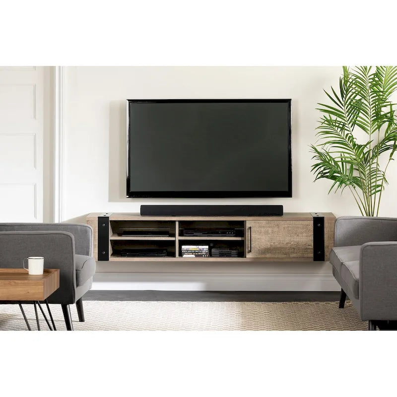 68" Wall Mounted Media Console – Weathered Oak / Seaside Pine, Industrial Style, 2-Person Assembly