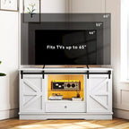 58" Corner TV Stand with Sliding Barn Doors – White, LED Strip, Power Outlet, Fits up to 65" TV