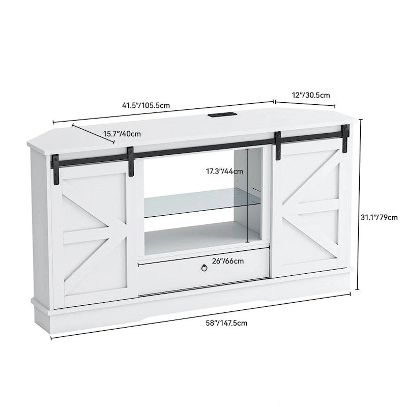 58" Corner TV Stand with Sliding Barn Doors – White, LED Strip, Power Outlet, Fits up to 65" TV