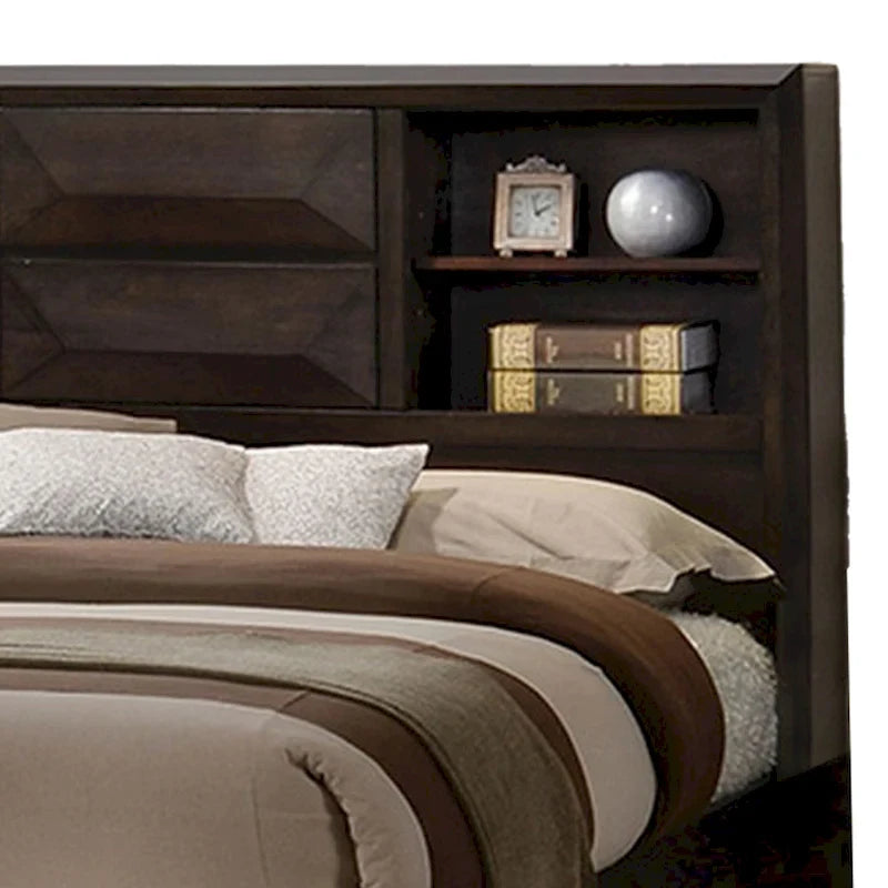 King Bed with Bookcase Headboard & 2 Footboard Drawers – Espresso Brown & Black, Solid & Engineered Wood, Single