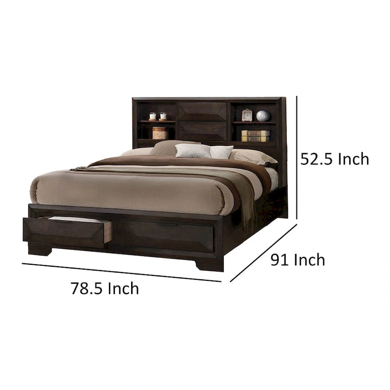King Bed with Bookcase Headboard & 2 Footboard Drawers – Espresso Brown & Black, Solid & Engineered Wood, Single