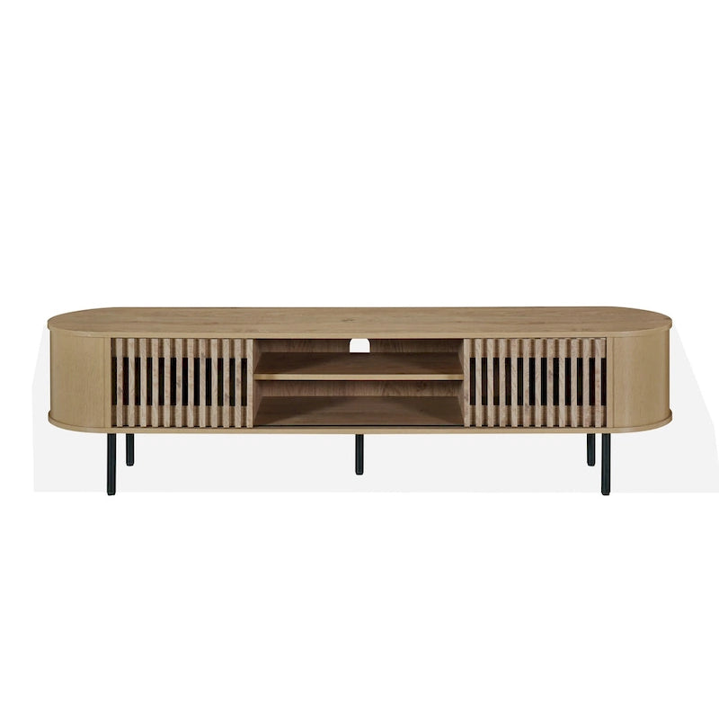 71" TV Stand Media Console – Natural Beige / Brown / Black, Tambour Sliding Doors, Mid-Century Modern, Single