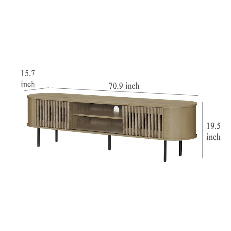 71" TV Stand Media Console – Natural Beige / Brown / Black, Tambour Sliding Doors, Mid-Century Modern, Single