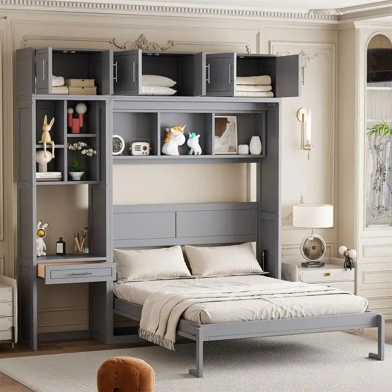 Murphy Wall Bed with Desk, Top Cabinets & Shelves – White / Grey, Full / Queen, MDF & Plywood