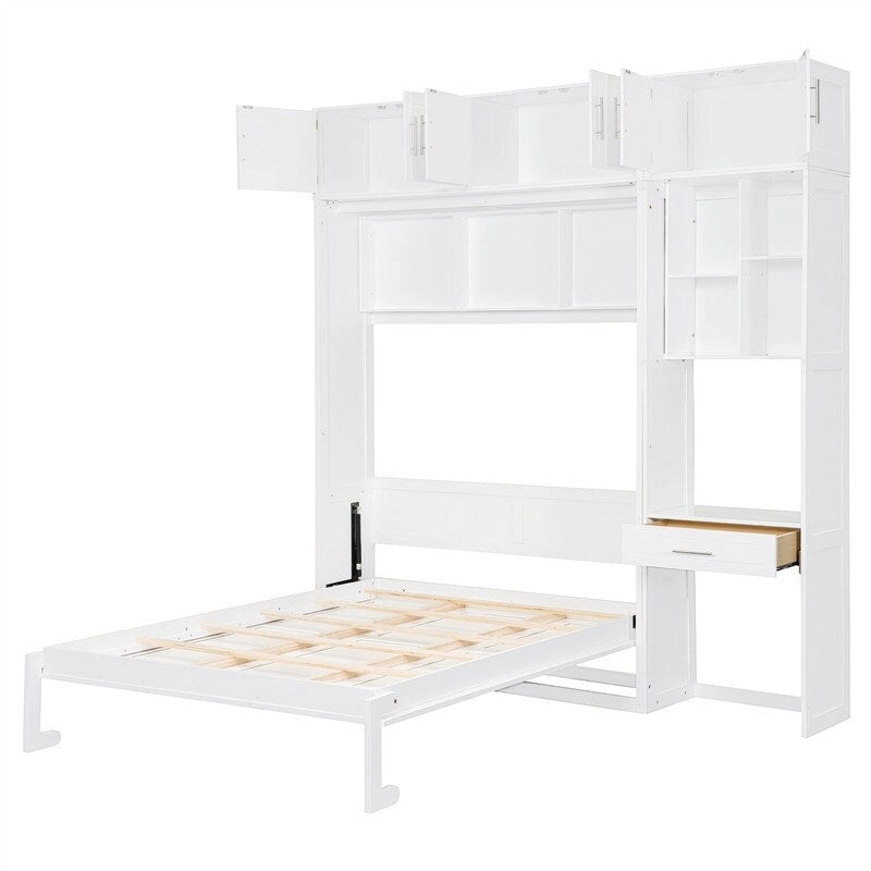 Murphy Wall Bed with Desk, Top Cabinets & Shelves – White / Grey, Full / Queen, MDF & Plywood