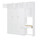Murphy Wall Bed with Desk, Top Cabinets & Shelves – White / Grey, Full / Queen, MDF & Plywood