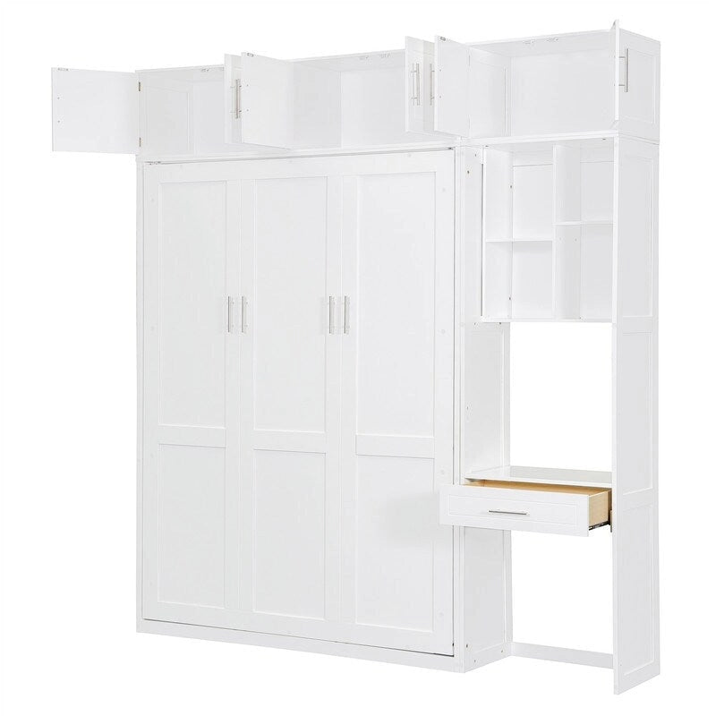 Murphy Wall Bed with Desk, Top Cabinets & Shelves – White / Grey, Full / Queen, MDF & Plywood
