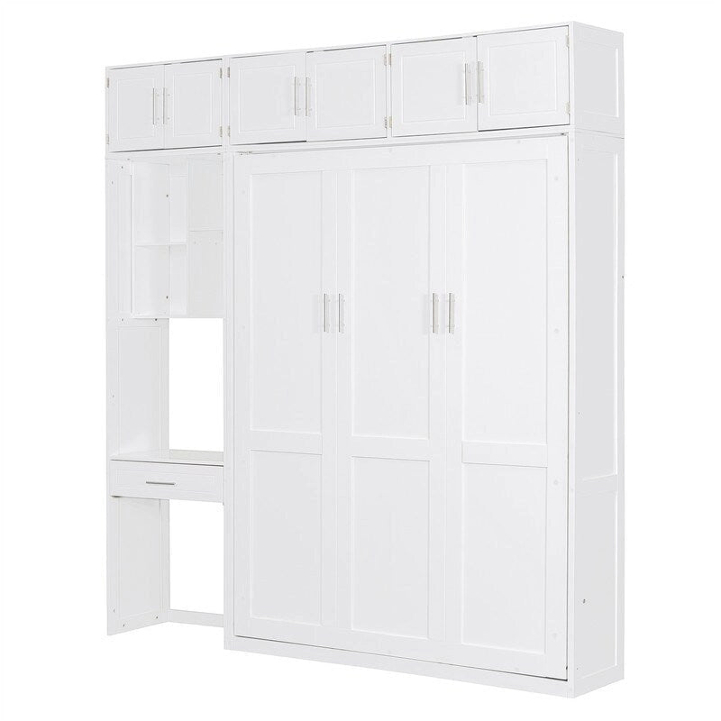 Murphy Wall Bed with Desk, Top Cabinets & Shelves – White / Grey, Full / Queen, MDF & Plywood