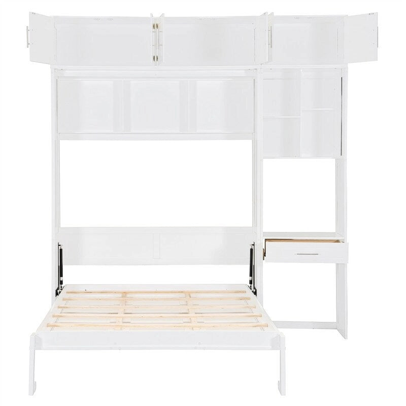 Murphy Wall Bed with Desk, Top Cabinets & Shelves – White / Grey, Full / Queen, MDF & Plywood