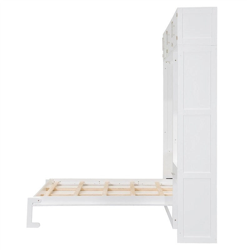 Murphy Wall Bed with Desk, Top Cabinets & Shelves – White / Grey, Full / Queen, MDF & Plywood