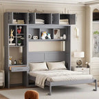Murphy Wall Bed with Desk, Top Cabinets & Shelves – White / Grey, Full / Queen, MDF & Plywood