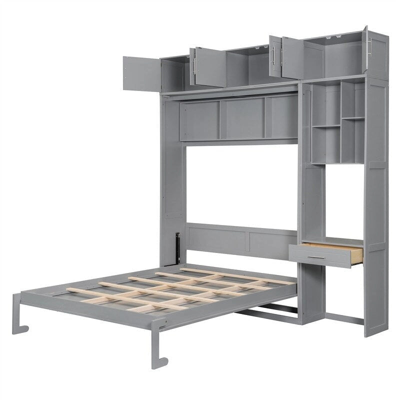 Murphy Wall Bed with Desk, Top Cabinets & Shelves – White / Grey, Full / Queen, MDF & Plywood