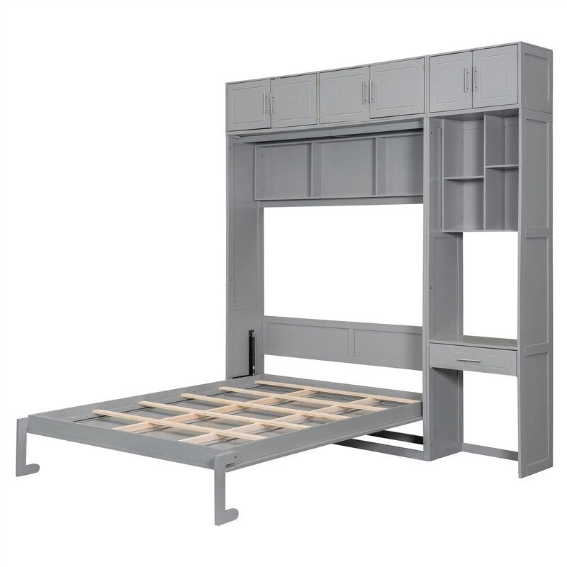 Murphy Wall Bed with Desk, Top Cabinets & Shelves – White / Grey, Full / Queen, MDF & Plywood