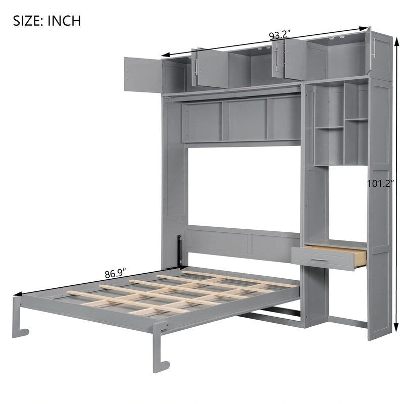 Murphy Wall Bed with Desk, Top Cabinets & Shelves – White / Grey, Full / Queen, MDF & Plywood