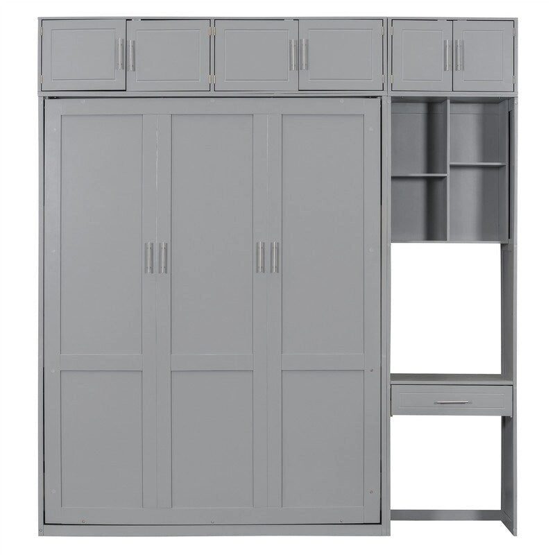 Murphy Wall Bed with Desk, Top Cabinets & Shelves – White / Grey, Full / Queen, MDF & Plywood