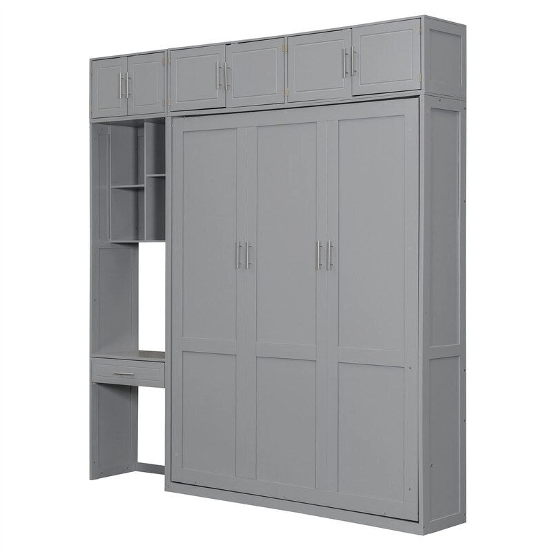Murphy Wall Bed with Desk, Top Cabinets & Shelves – White / Grey, Full / Queen, MDF & Plywood