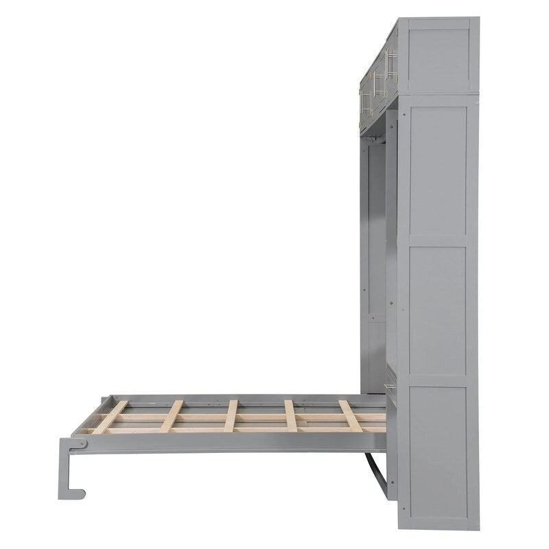 Murphy Wall Bed with Desk, Top Cabinets & Shelves – White / Grey, Full / Queen, MDF & Plywood