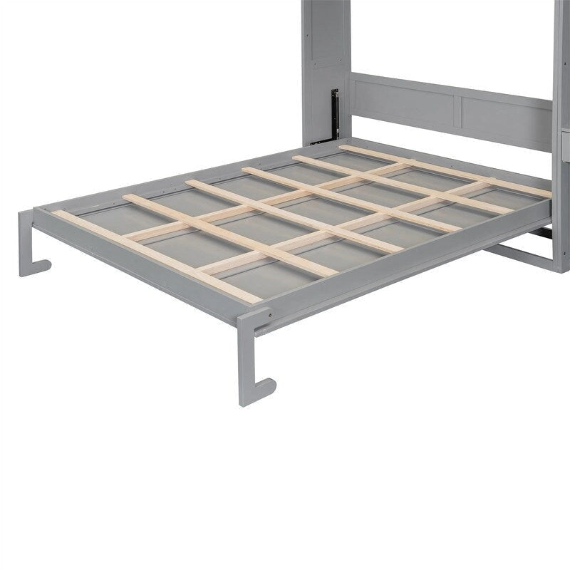 Murphy Wall Bed with Desk, Top Cabinets & Shelves – White / Grey, Full / Queen, MDF & Plywood