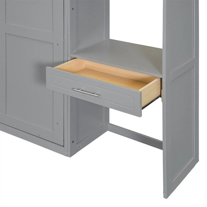 Murphy Wall Bed with Desk, Top Cabinets & Shelves – White / Grey, Full / Queen, MDF & Plywood