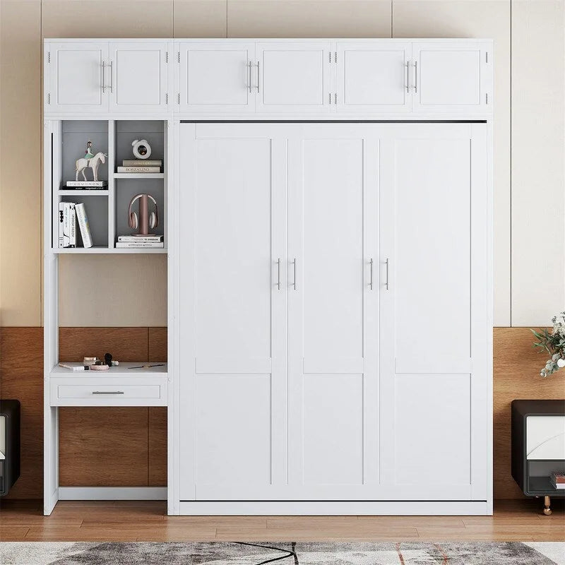 Murphy Wall Bed with Desk, Top Cabinets & Shelves – White / Grey, Full / Queen, MDF & Plywood