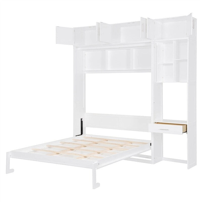 Murphy Wall Bed with Desk, Top Cabinets & Shelves – White / Grey, Full / Queen, MDF & Plywood