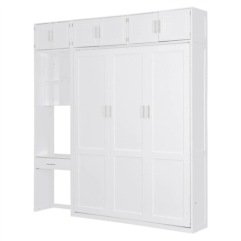 Murphy Wall Bed with Desk, Top Cabinets & Shelves – White / Grey, Full / Queen, MDF & Plywood