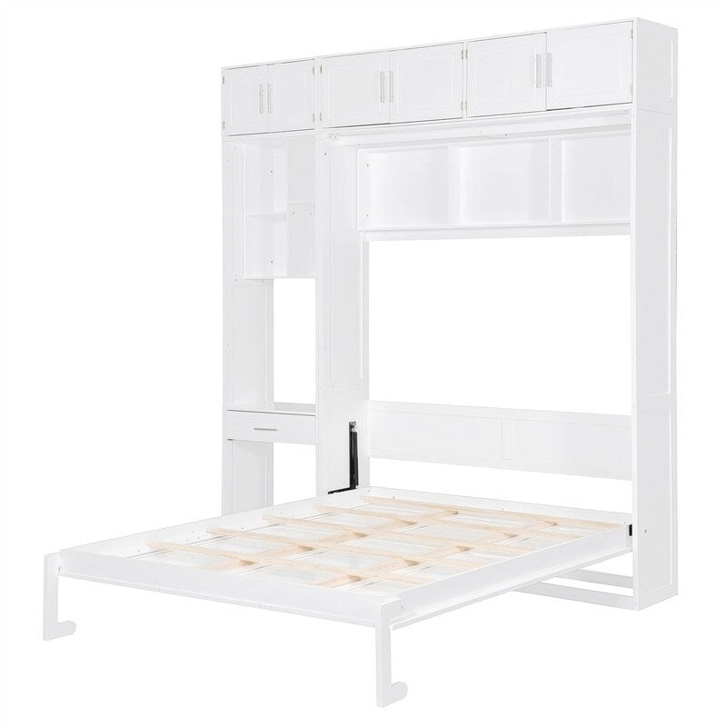 Murphy Wall Bed with Desk, Top Cabinets & Shelves – White / Grey, Full / Queen, MDF & Plywood