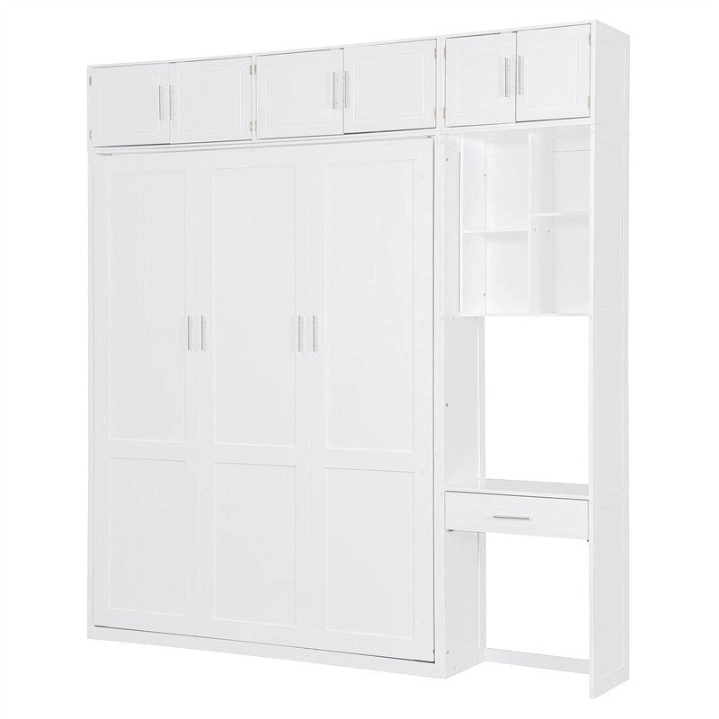Murphy Wall Bed with Desk, Top Cabinets & Shelves – White / Grey, Full / Queen, MDF & Plywood
