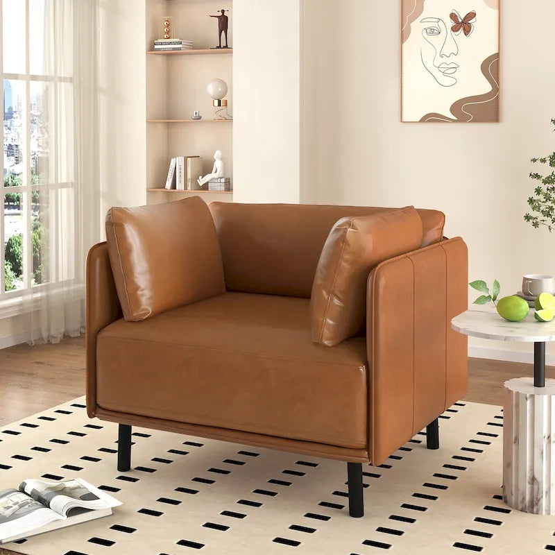 Modern Upholstered Accent Chair – Grey / Brown, Metal Legs, Includes Pillow, Single