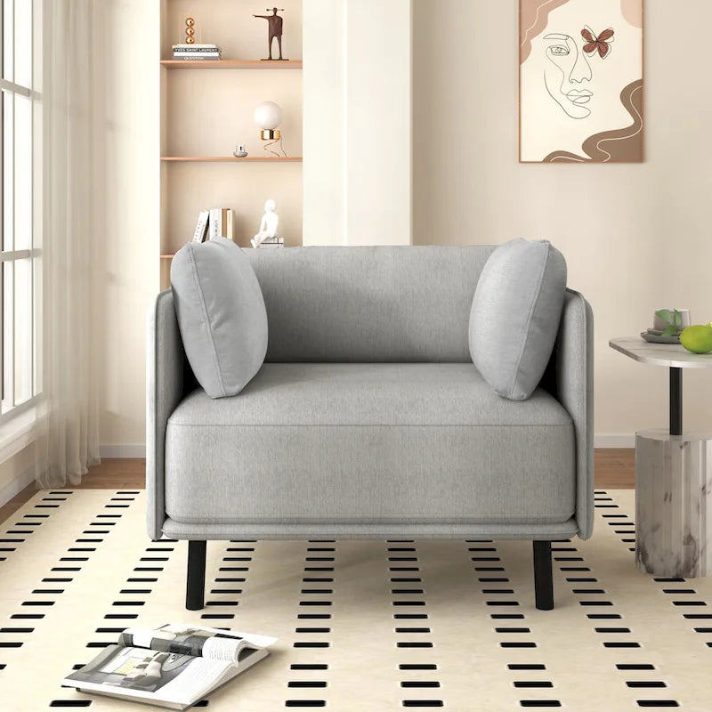 Modern Upholstered Accent Chair – Grey / Brown, Metal Legs, Includes Pillow, Single