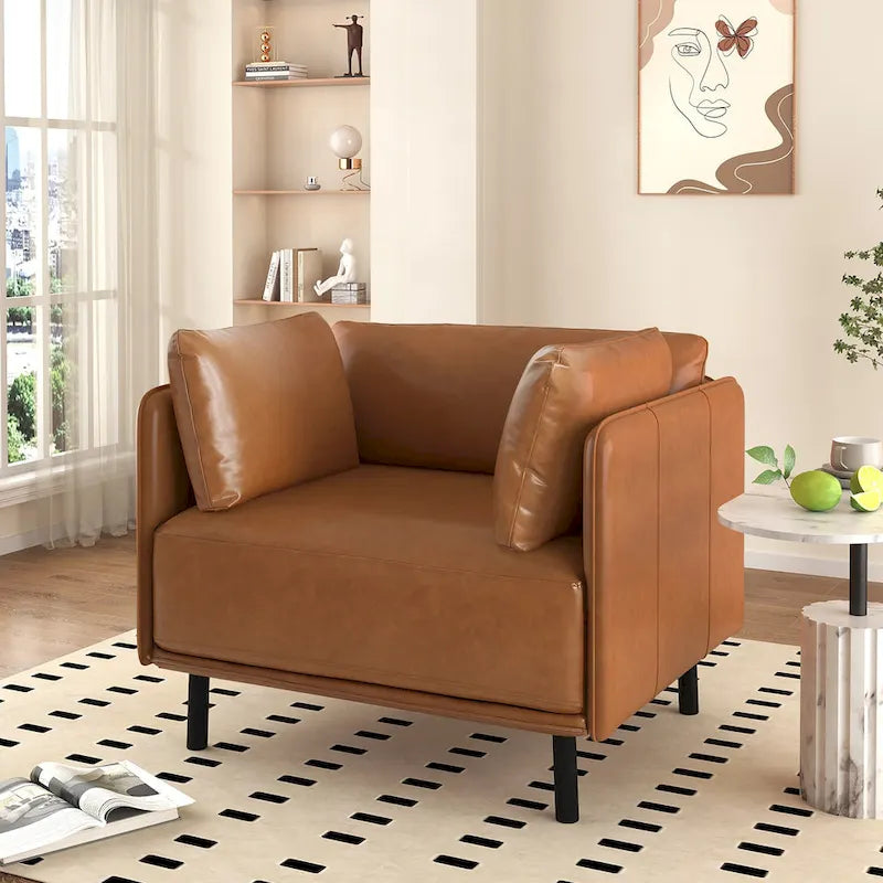 Modern Upholstered Accent Chair – Grey / Brown, Metal Legs, Includes Pillow, Single