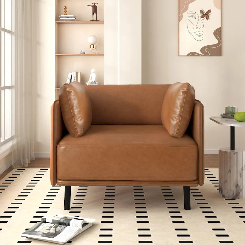 Modern Upholstered Accent Chair – Grey / Brown, Metal Legs, Includes Pillow, Single