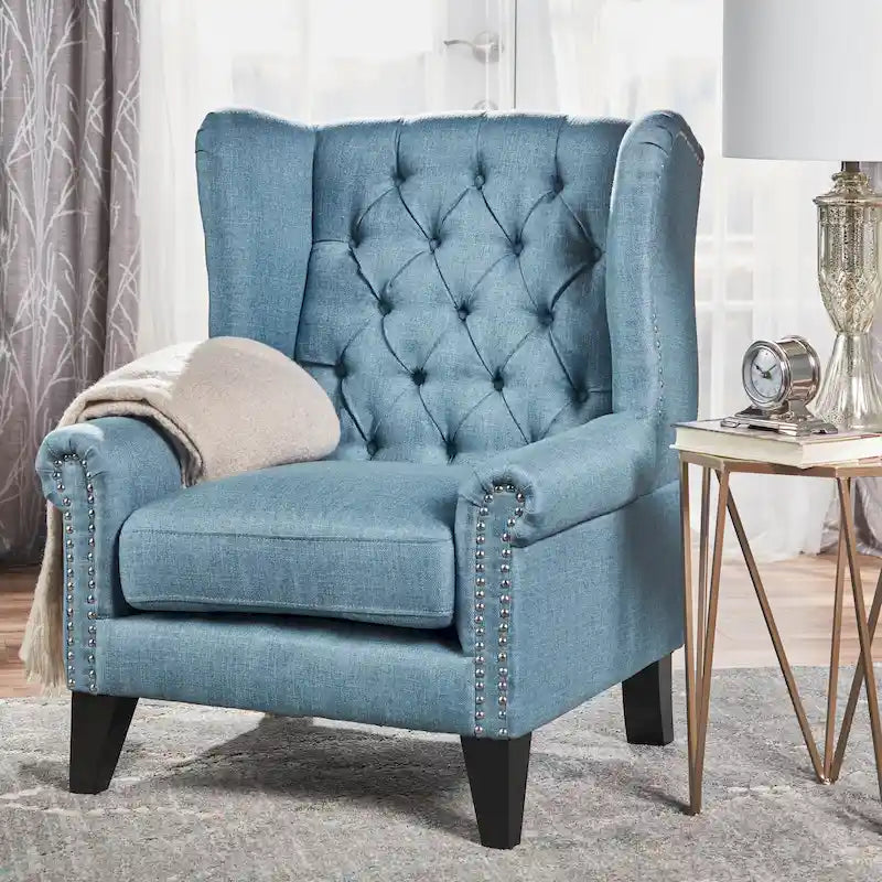 High Back Button Tufted Accent Chair – Blue, Nailhead Trim, Antique Style, Single