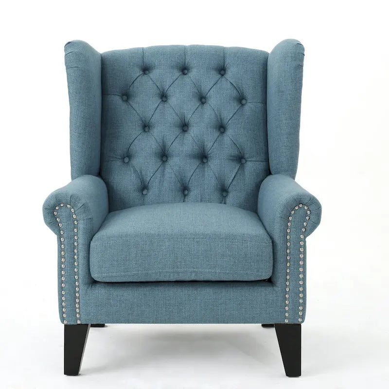 High Back Button Tufted Accent Chair – Blue, Nailhead Trim, Antique Style, Single