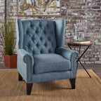 High Back Button Tufted Accent Chair – Blue, Nailhead Trim, Antique Style, Single