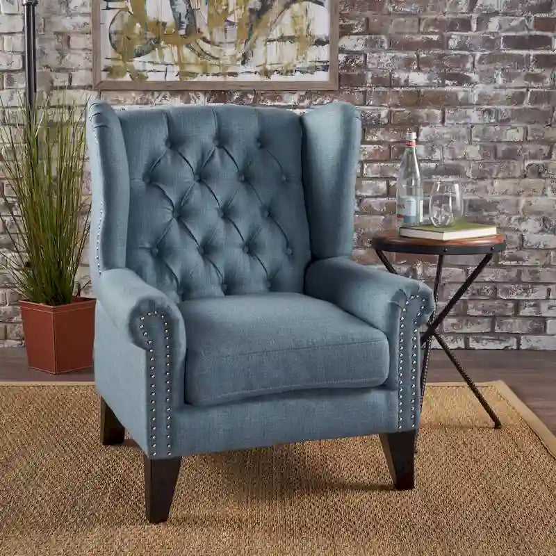 High Back Button Tufted Accent Chair – Blue, Nailhead Trim, Antique Style, Single